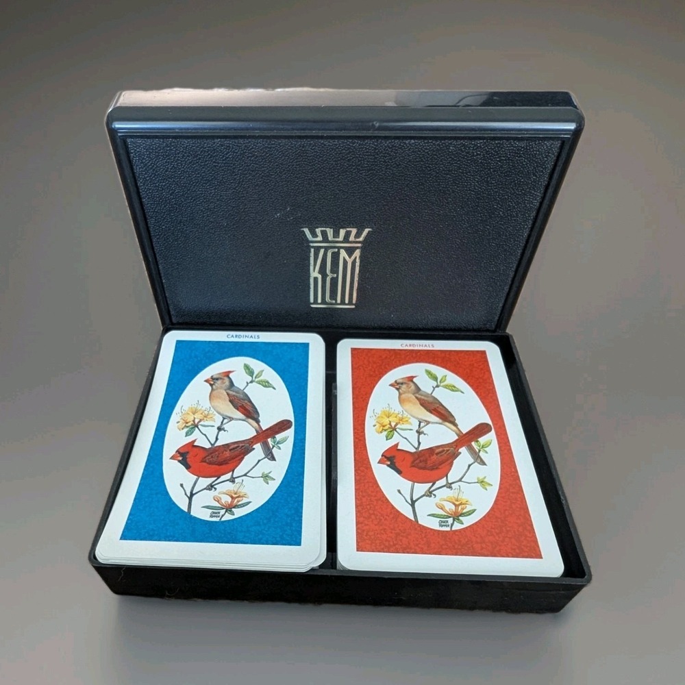 Kem Plastic 2 Deck Playing Cards Set Red Blue Cardinals Bird Design w/Case Full